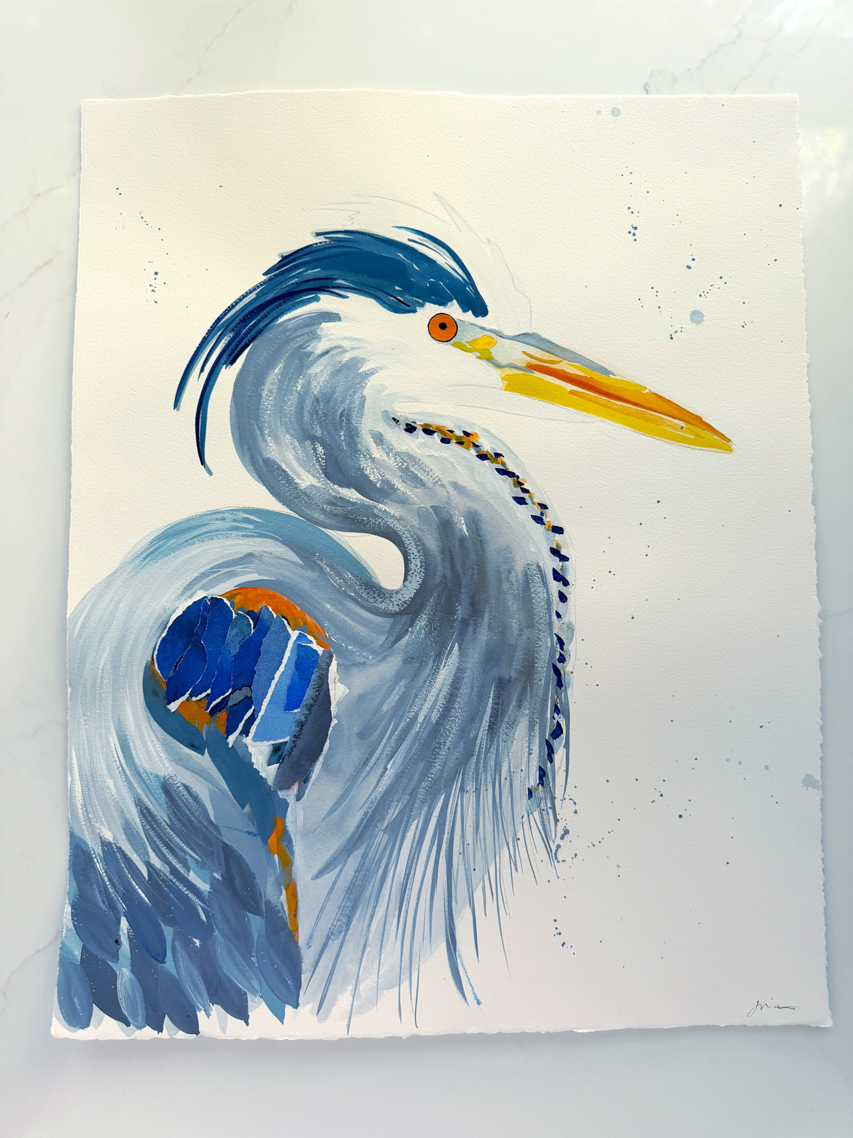 Watercolor painting of a great blue heron in profile.