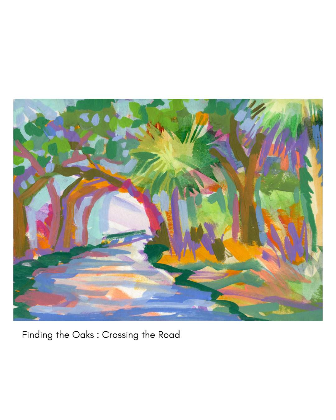 Colorful abstract live oak tree painting of a sunlit road by Elizabeth Sheats Art & Design.