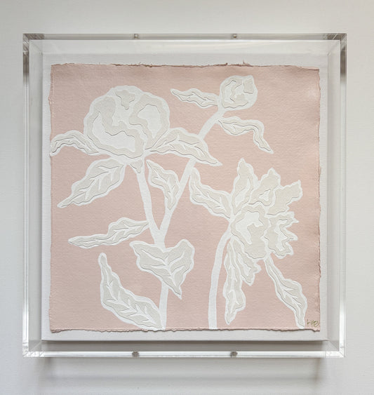 Textured botanical collage of white flowers on pink by Kendal Blanchard Art, framed in clear acrylic.