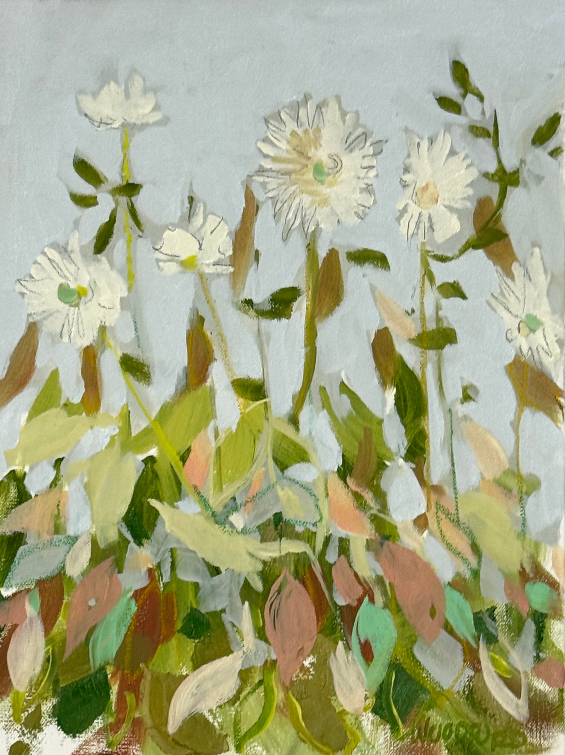 Shannon Woodford modern wall art: abstract oil painting of white flowers with green stems on a pale blue sky.