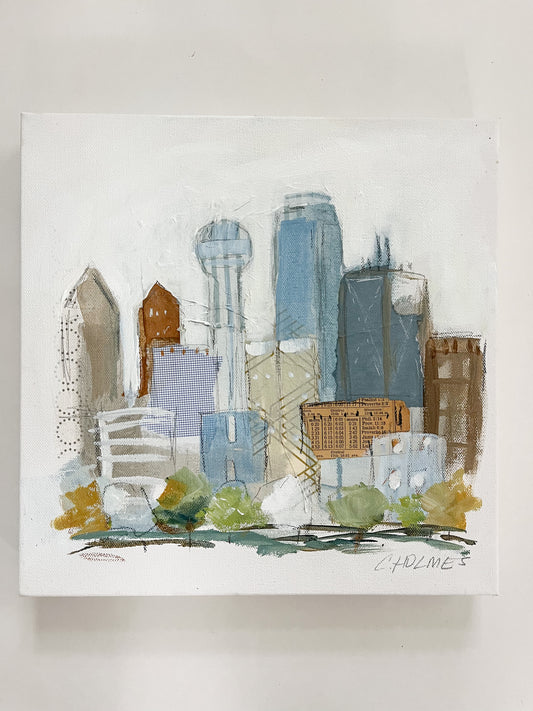 12x12 abstract acrylic Dallas skyline on canvas in blue, brown & white by Christy Holmes. Signed.