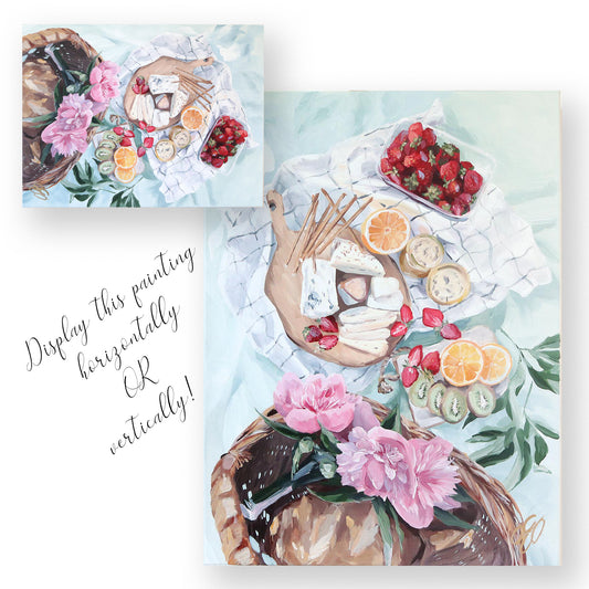 Elizabeth Alice picnic: cheese, fruit, bread, pink flowers on white cloth; acrylic on canvas with gallery edges.