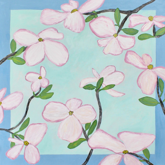 36 x 36 acrylic on canvas featuring pink dogwood blossoms and green leaves on branches, with a teal geometric background.