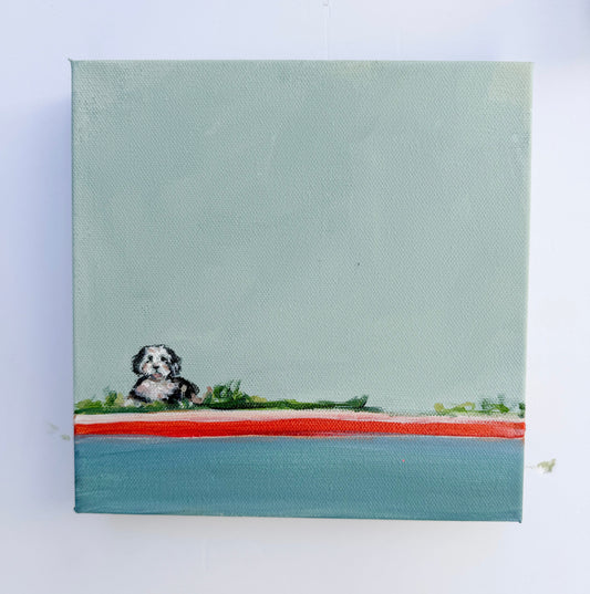 Small black and white dog sits on green grass above a red line and blue water in this original acrylic painting.
