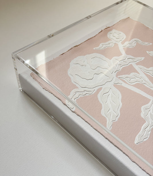 Kendal Blanchard Art presents a botanical collage on cotton rag paper in an acrylic box frame with white florals.
