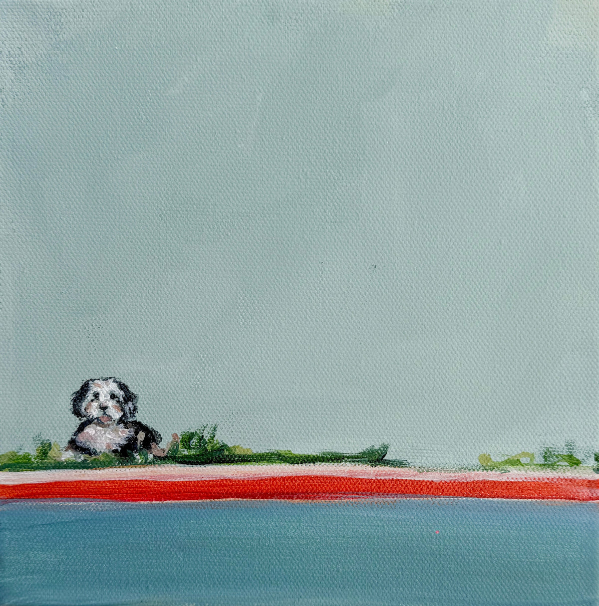 A small dog sits in a grassy area above a red stripe and blue base in this original acrylic painting.