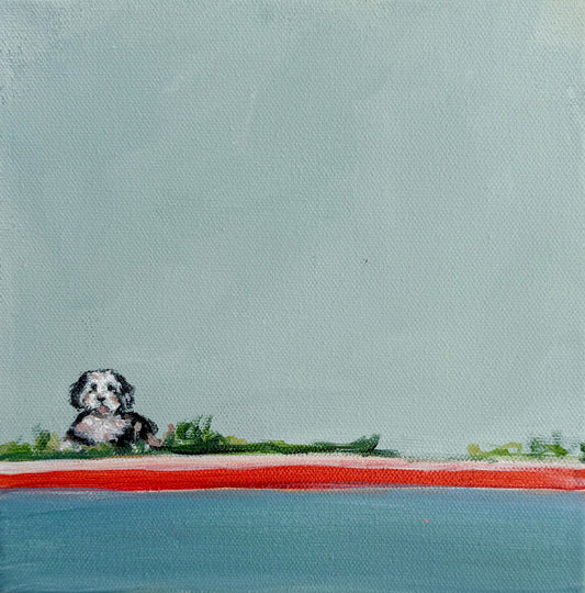A small dog sits in a grassy area above a red stripe and blue base in this original acrylic painting.