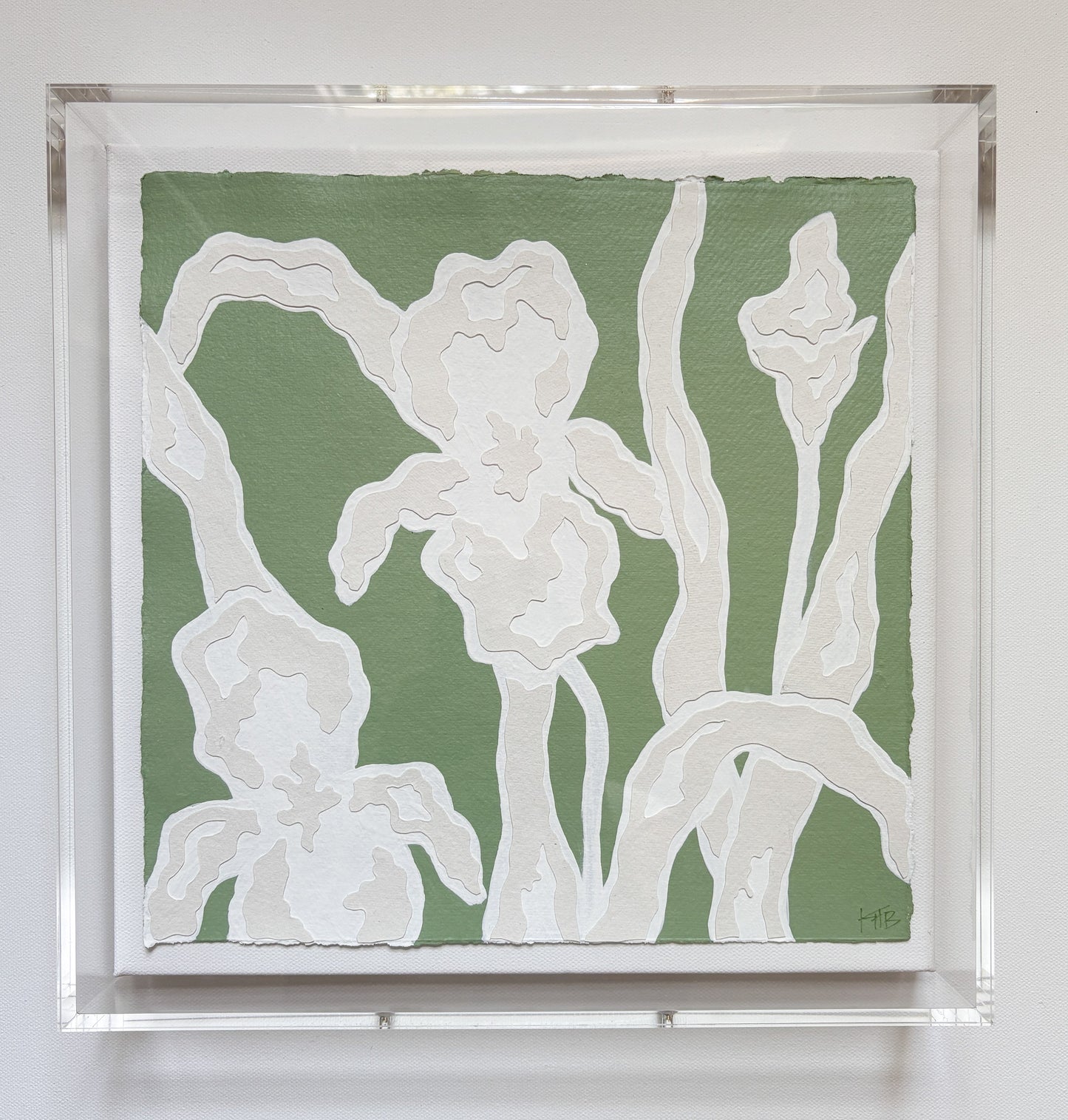 White irises on green by Kendal Blanchard Art, botanical collage on cotton rag paper in acrylic frame, signed HPB.