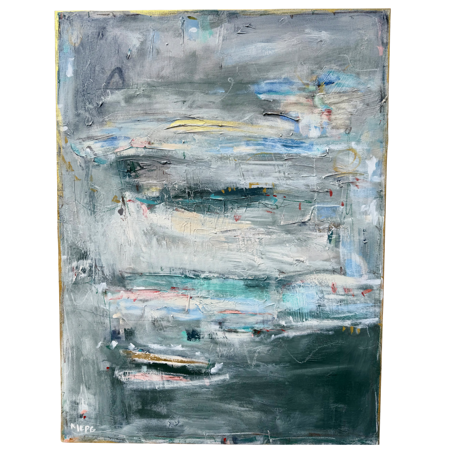 Megan Guidry abstract painting with layered gray, white, and glacial blue tones evokes a textured water landscape.
