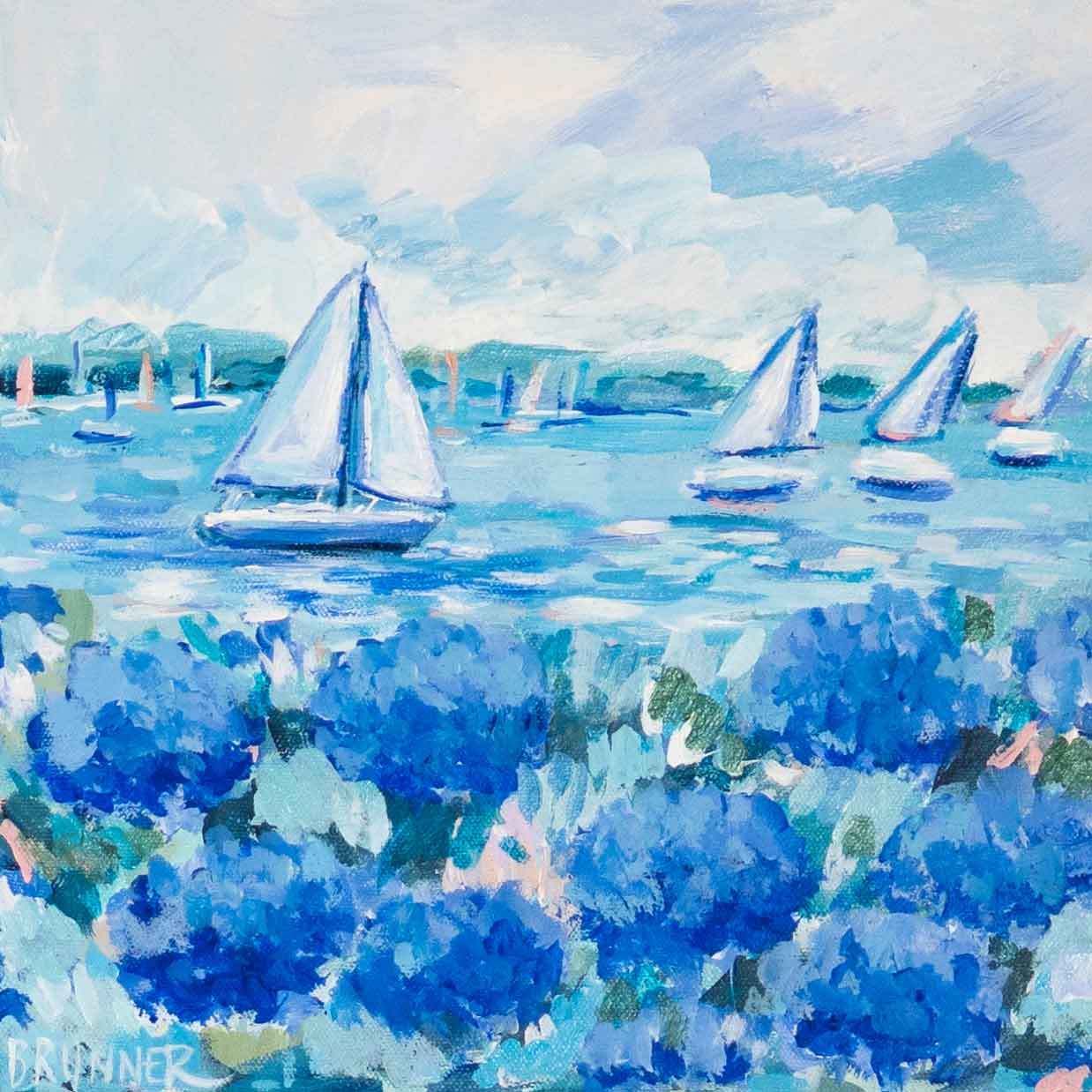 Michelle Brunner Impressionist Lake Erie art with sailboats and hydrangeas—ideal summer decor for your home.