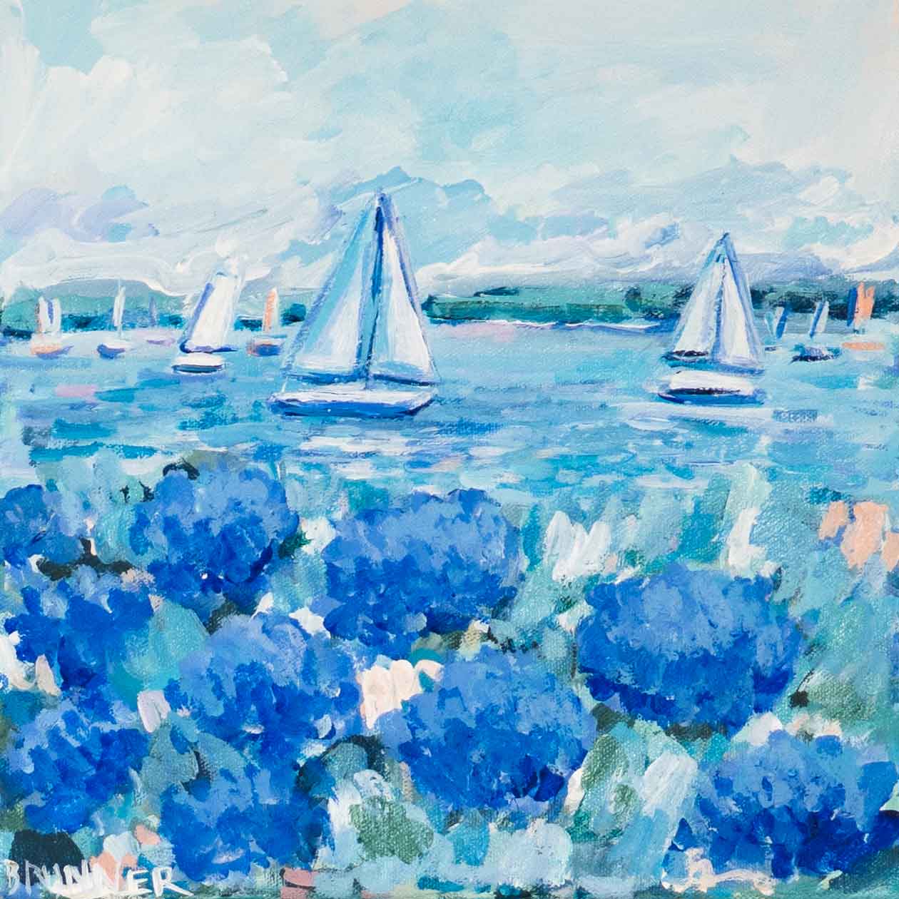 Michelle Brunner impressionist painting of sailboats on Lake Erie with blue hydrangeas under a cloudy sky.