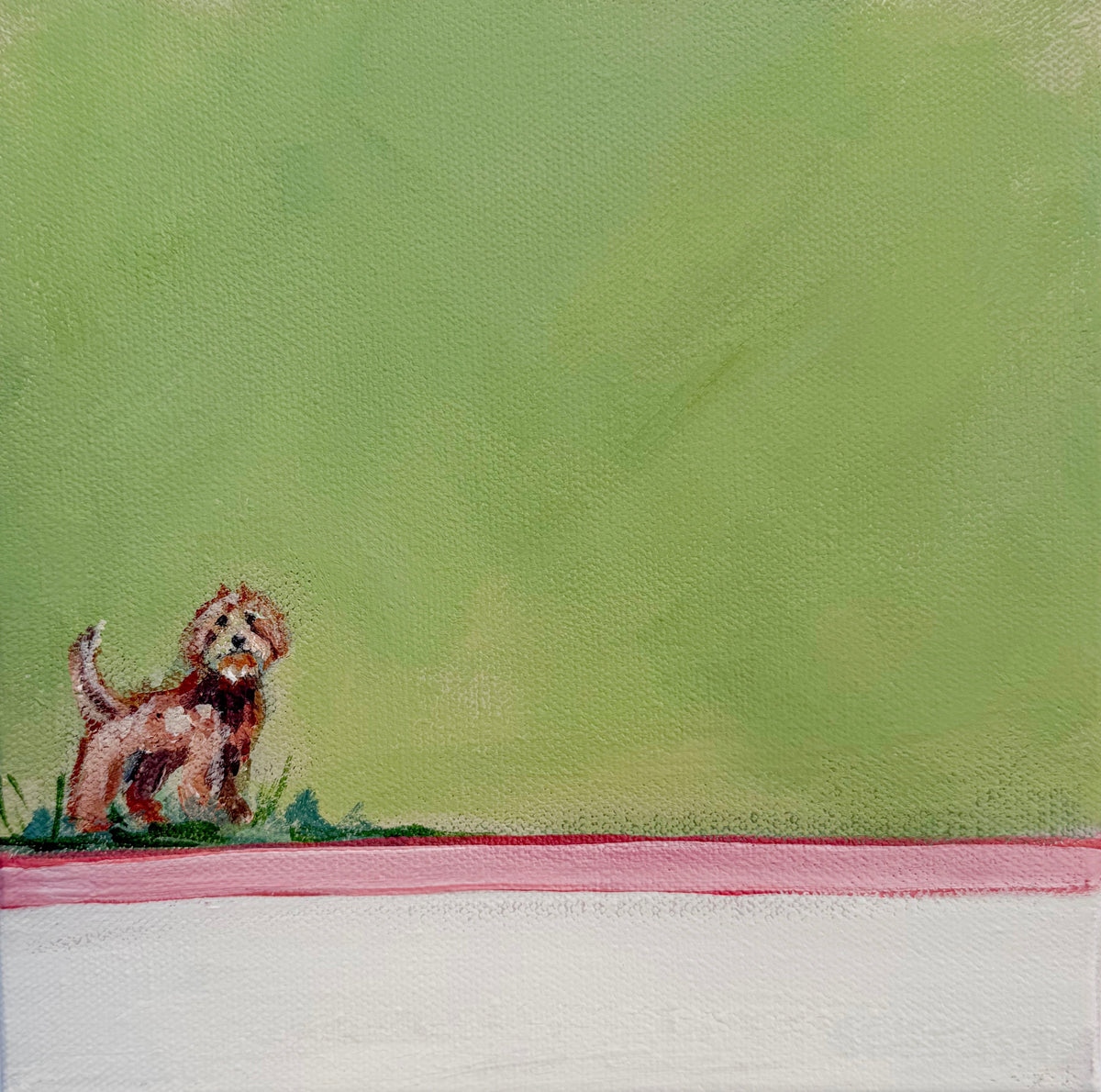 Original acrylic dog painting of a small, brown dog standing in grass against a large green background.