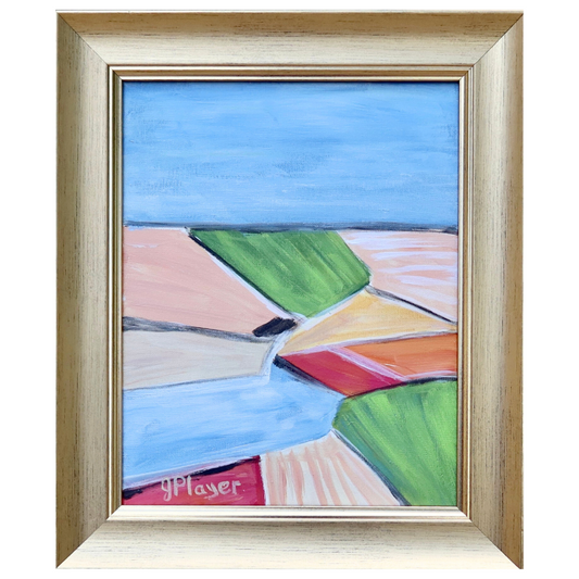Acrylic painting of colorful geometric fields under a blue sky, artwork on 8 x 10 canvas in light gold wooden frame.