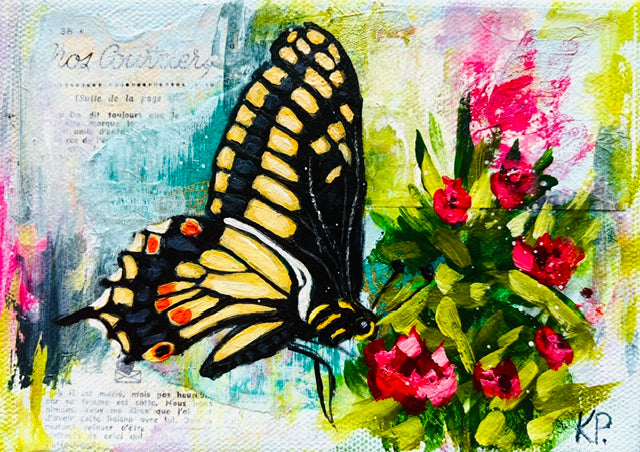 A painted butterfly with yellow and black wings rests on pink flowers in this vibrant garden inspired painting.
