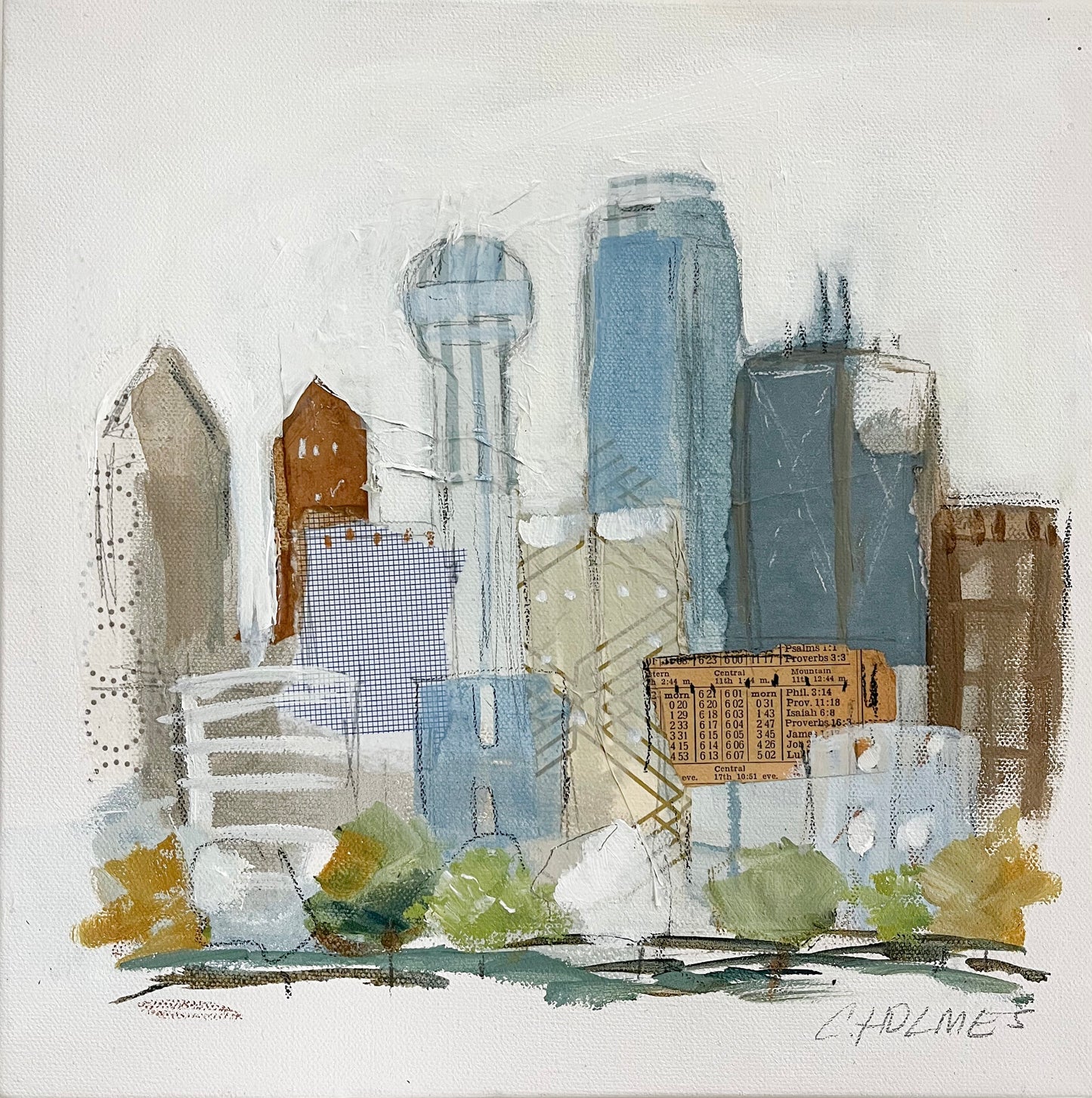Abstract Dallas skyline by Christy Holmes: blue, brown, beige buildings, green trees, white sky. Acrylic on canvas.