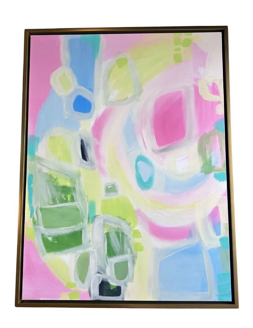 Kelsey Nichols Art framed acrylic painting with pastel pink, green, blue, and white geometric shapes in a gold frame.