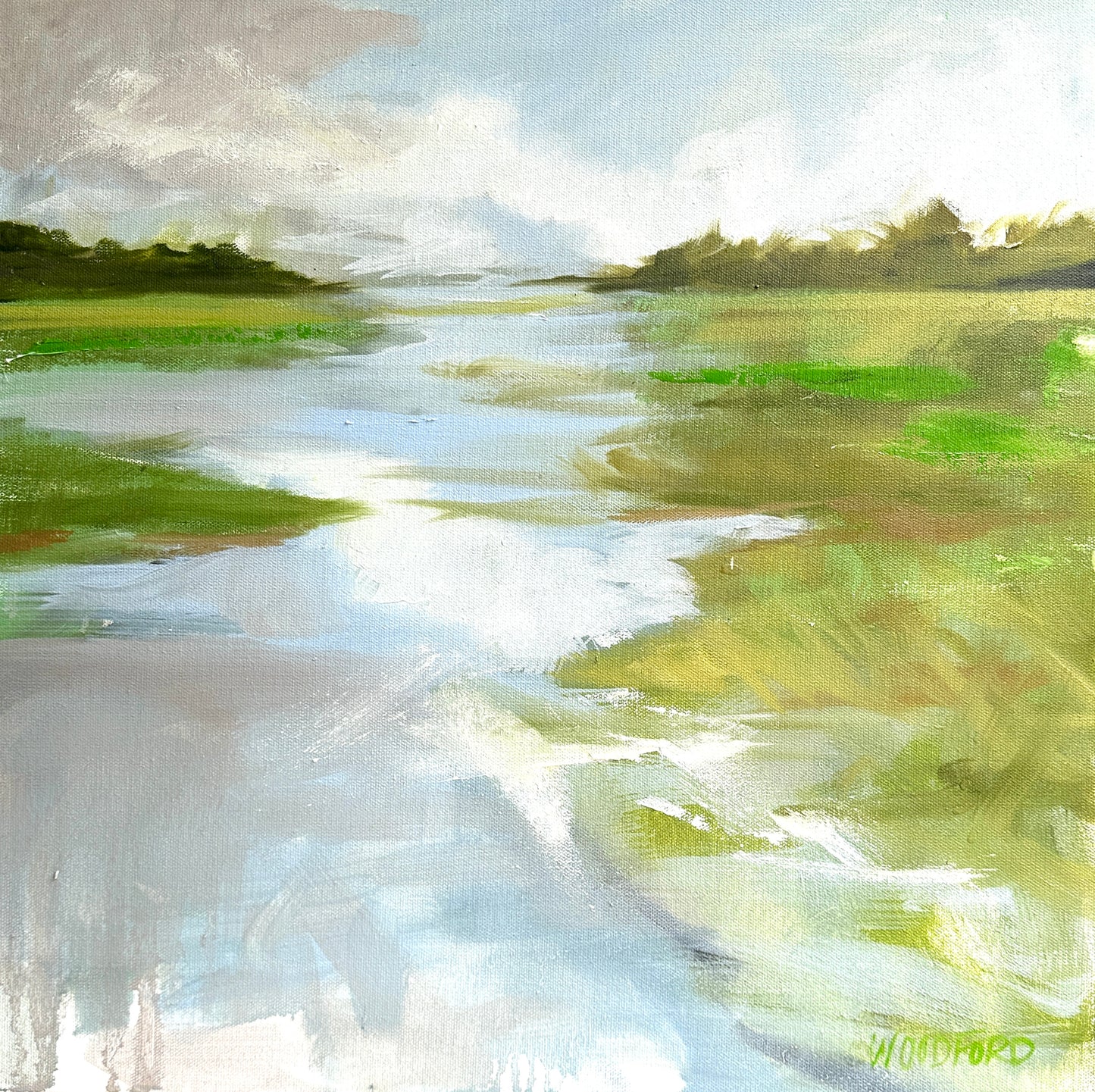 Impressionist painting of a grassy marshland with water reflecting sky, signed by Shannon Woodford.