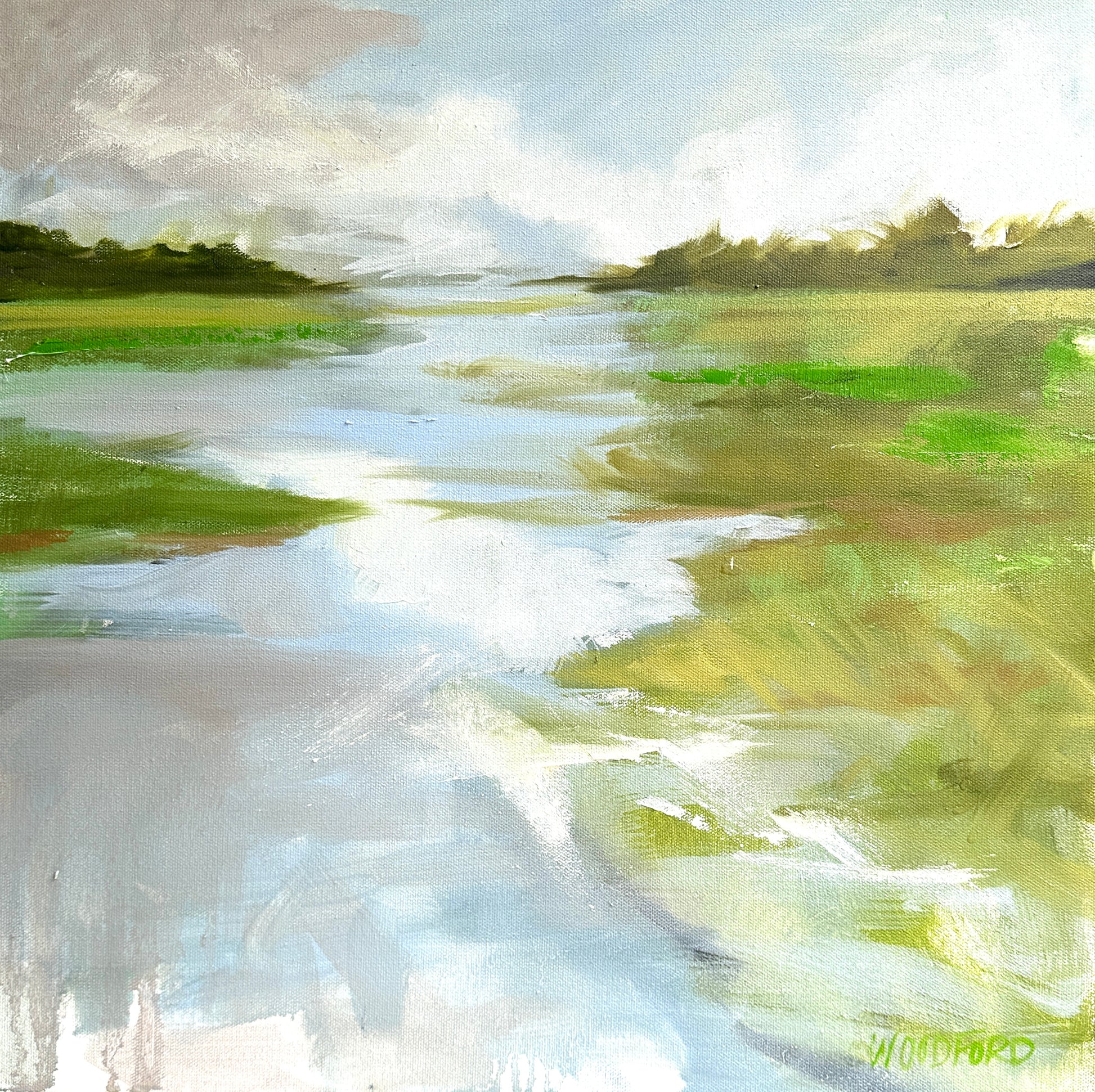 Impressionist painting of a grassy marshland with water reflecting sky, signed by Shannon Woodford.
