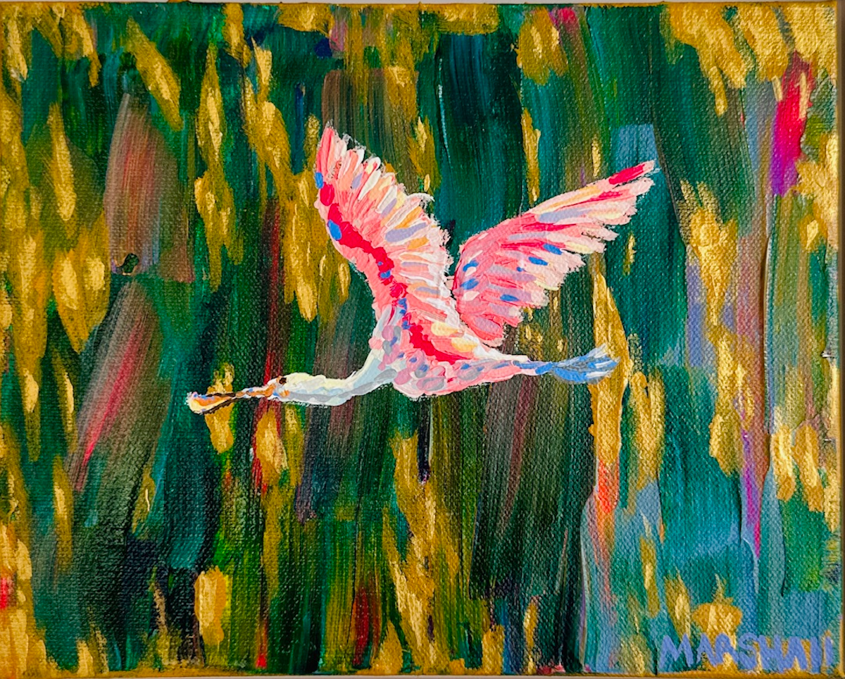 Lauren Marshalls acrylic painting features a pink-winged spoonbill soaring over a blurred green and yellow background.