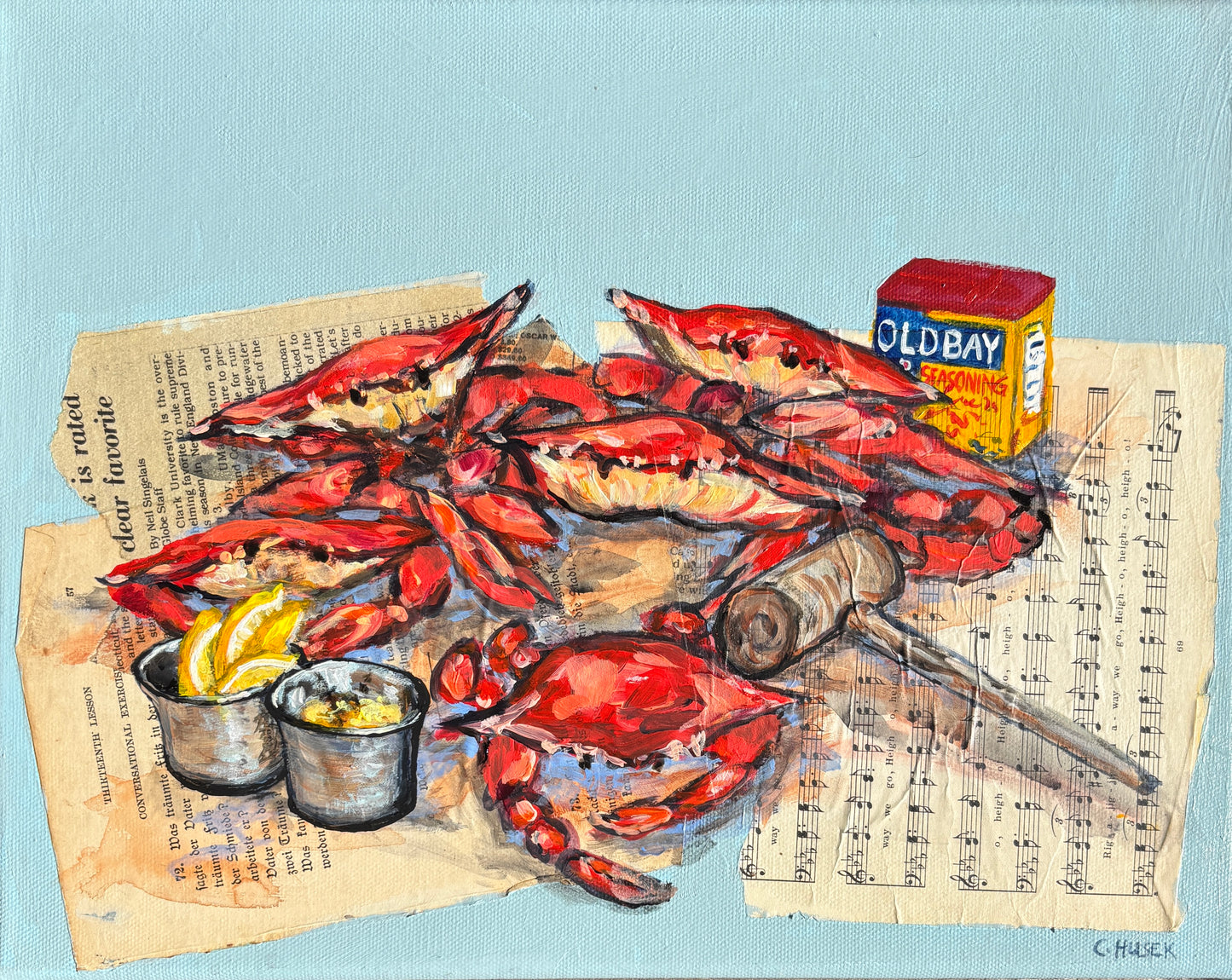 Five red crabs, lemon, butter & Old Bay by Catherine Husek create vibrant coastal art with sea creatures.