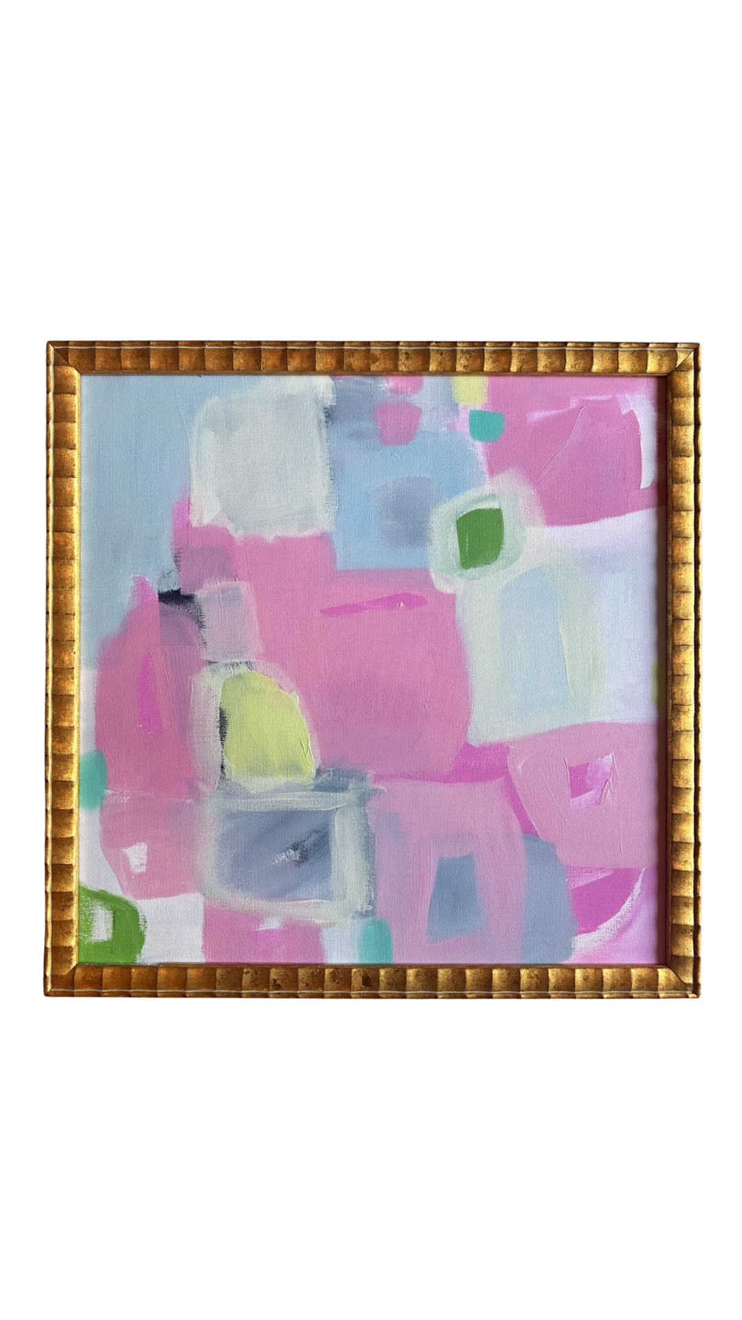 Kelsey Nichols Art framed acrylic painting with pink, purple, blue, green & white shapes in a gold textured frame.