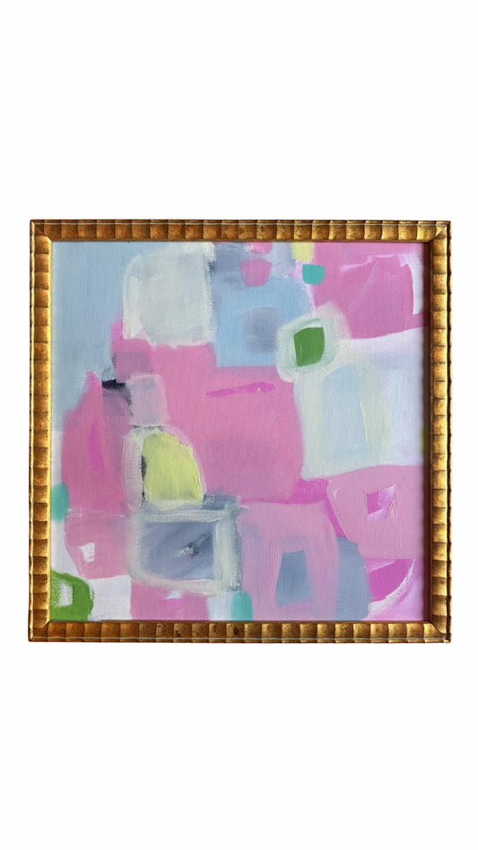 Kelsey Nichols Art framed acrylic painting with pink, purple, blue, green & white shapes in a gold textured frame.