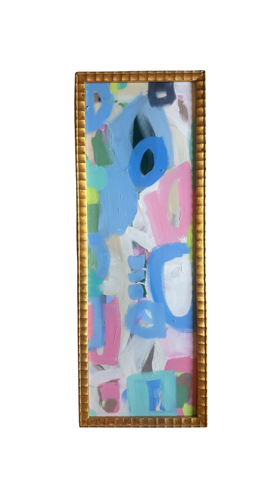 Kelsey Nichols Art framed acrylic painting with pastel blue, pink, green, and white shapes in a gold vertical frame.