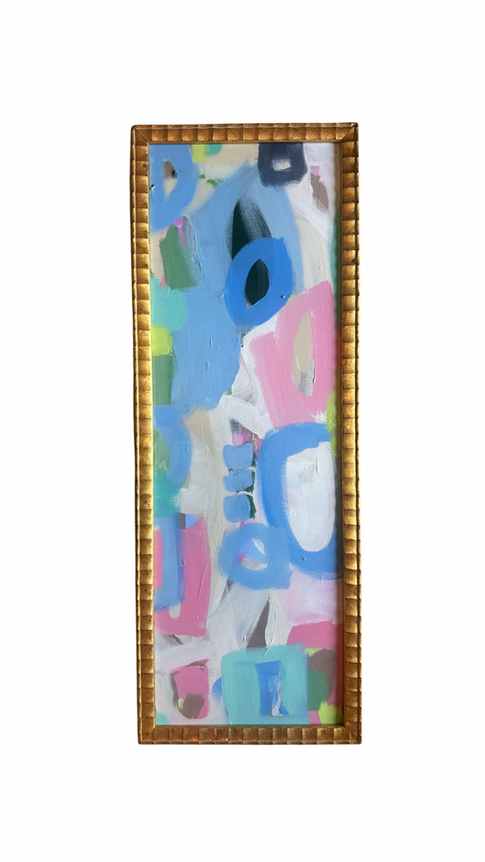 Kelsey Nichols Art framed acrylic painting with pastel blue, pink, green, and white shapes in a gold vertical frame.