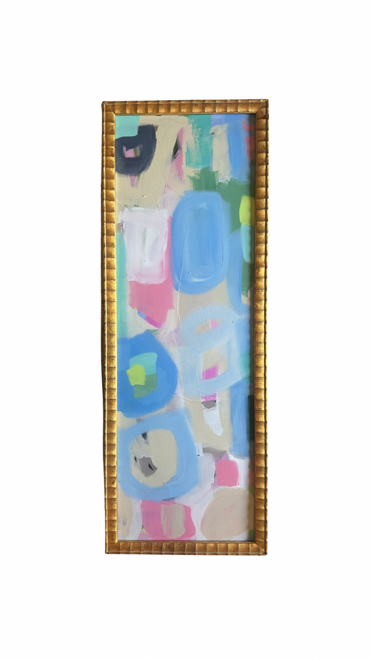 Kelsey Nichols Art framed acrylic painting with pastel shapes in blue, pink, beige, and green in a gold rectangular frame.
