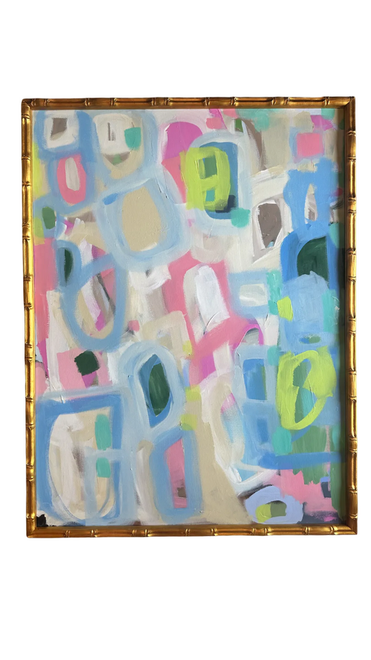 Kelsey Nichols Art pastel blue, pink, green & white candlelighter in a gold bamboo frame on white background.
