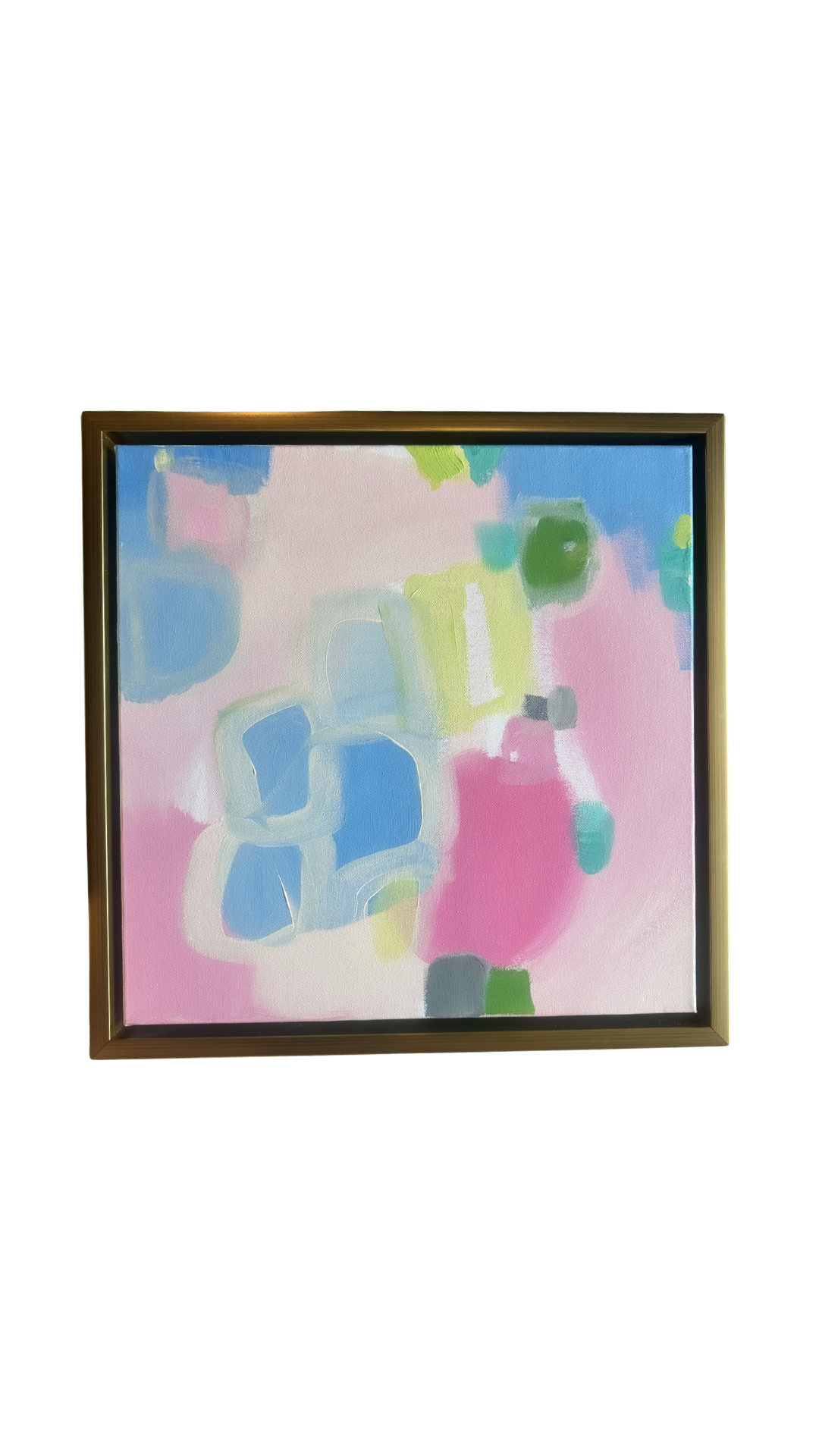 Framed acrylic painting by Kelsey Nichols Art with blue, pink, green, and white shapes from the Candle Lighter Series.