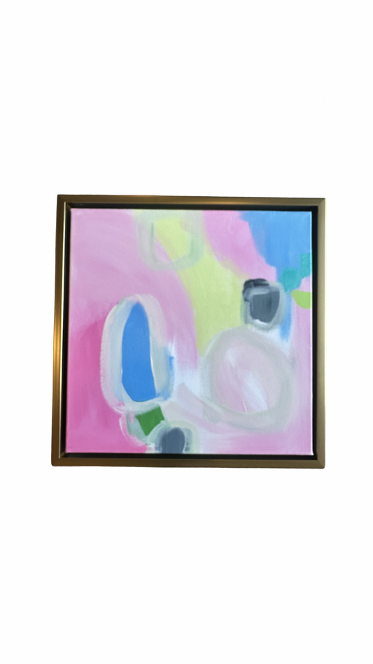 Kelsey Nichols Art framed acrylic from the Candle Lighter series with pink, blue, yellow, and gray on white.