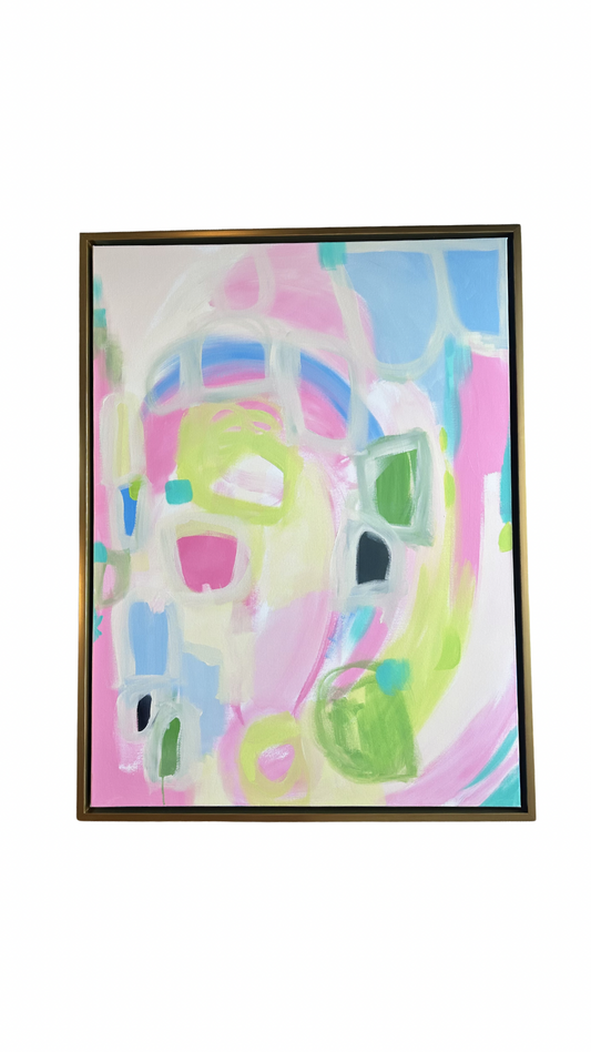 Kelsey Nichols Art framed acrylic painting with pink, green, and blue swirls—perfect friendship wall decor.