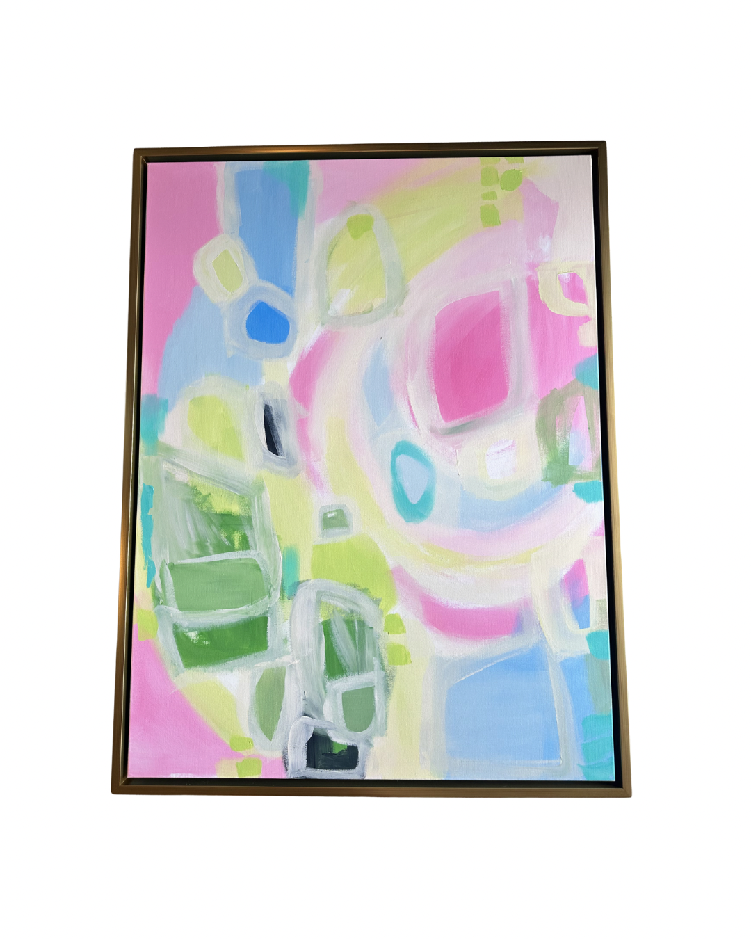 Kelsey Nichols Art framed acrylic features pink, blue, green, and white shapes—perfect friendship wall decor.