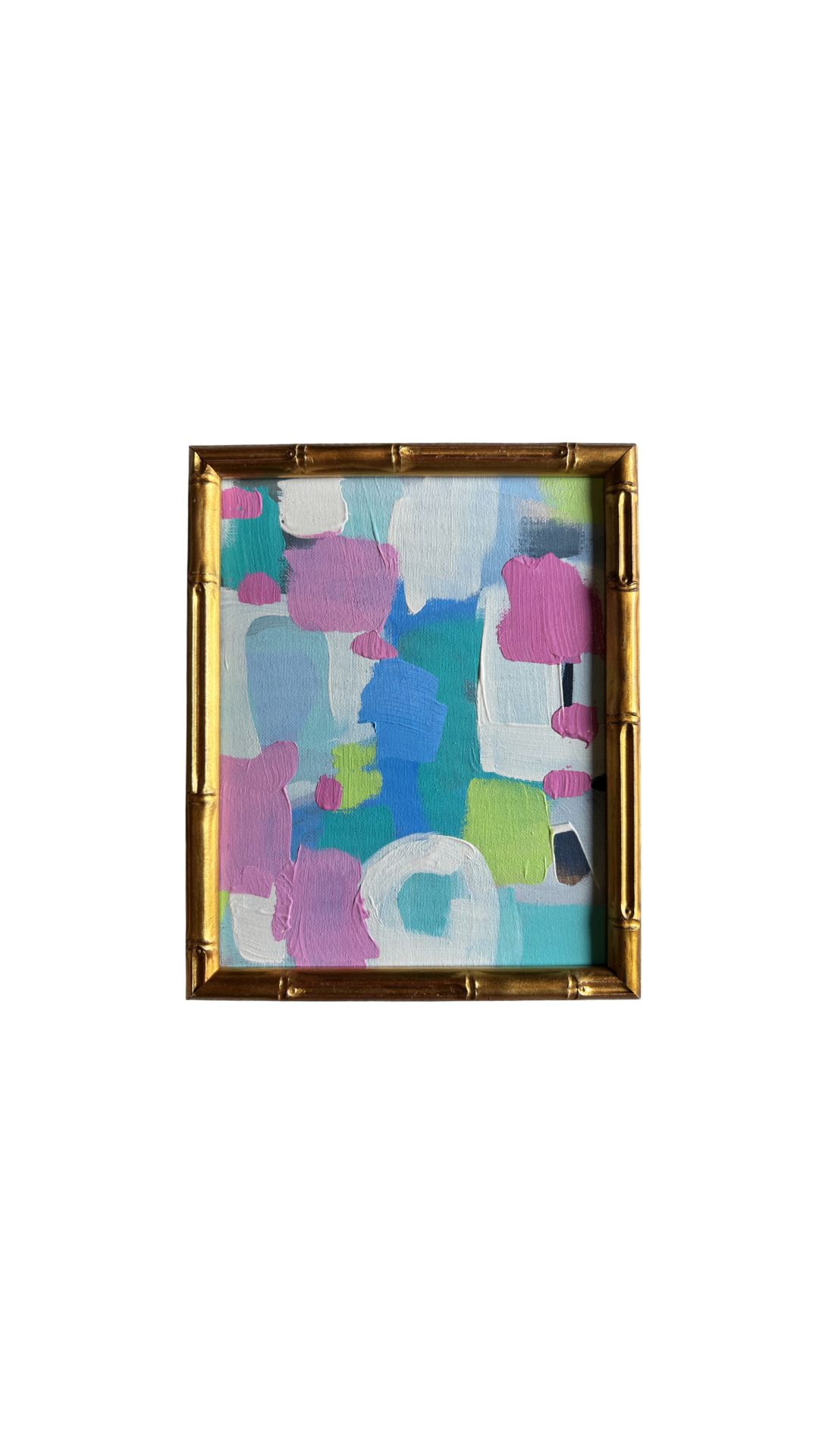 Framed acrylic painting by Kelsey Nichols Art in a gold bamboo frame with colorful pastel brushstrokes.
