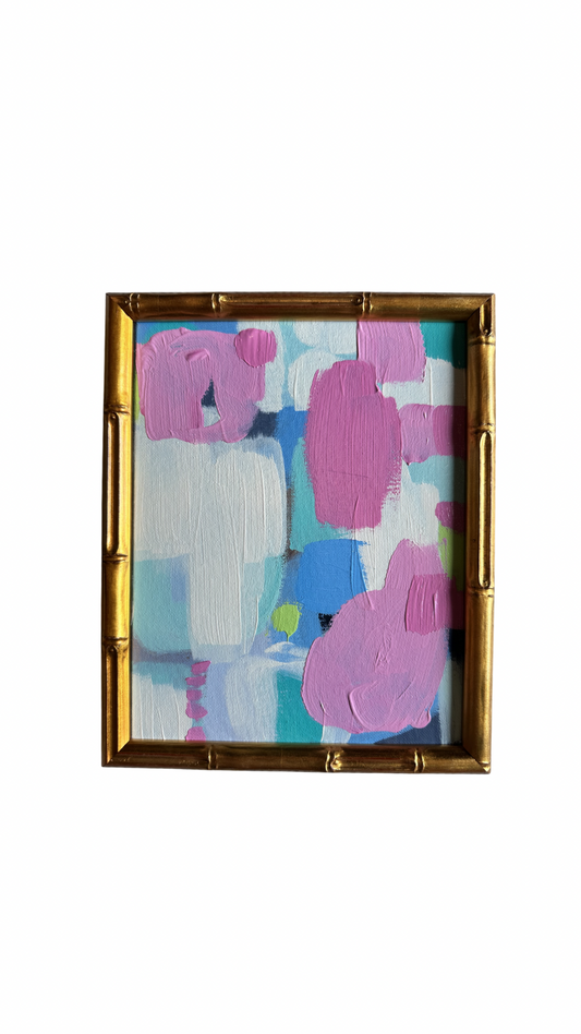 Framed acrylic by Kelsey Nichols Art with pink, white, blue brushstrokes in gold bamboo frame—Candle Lighter series.