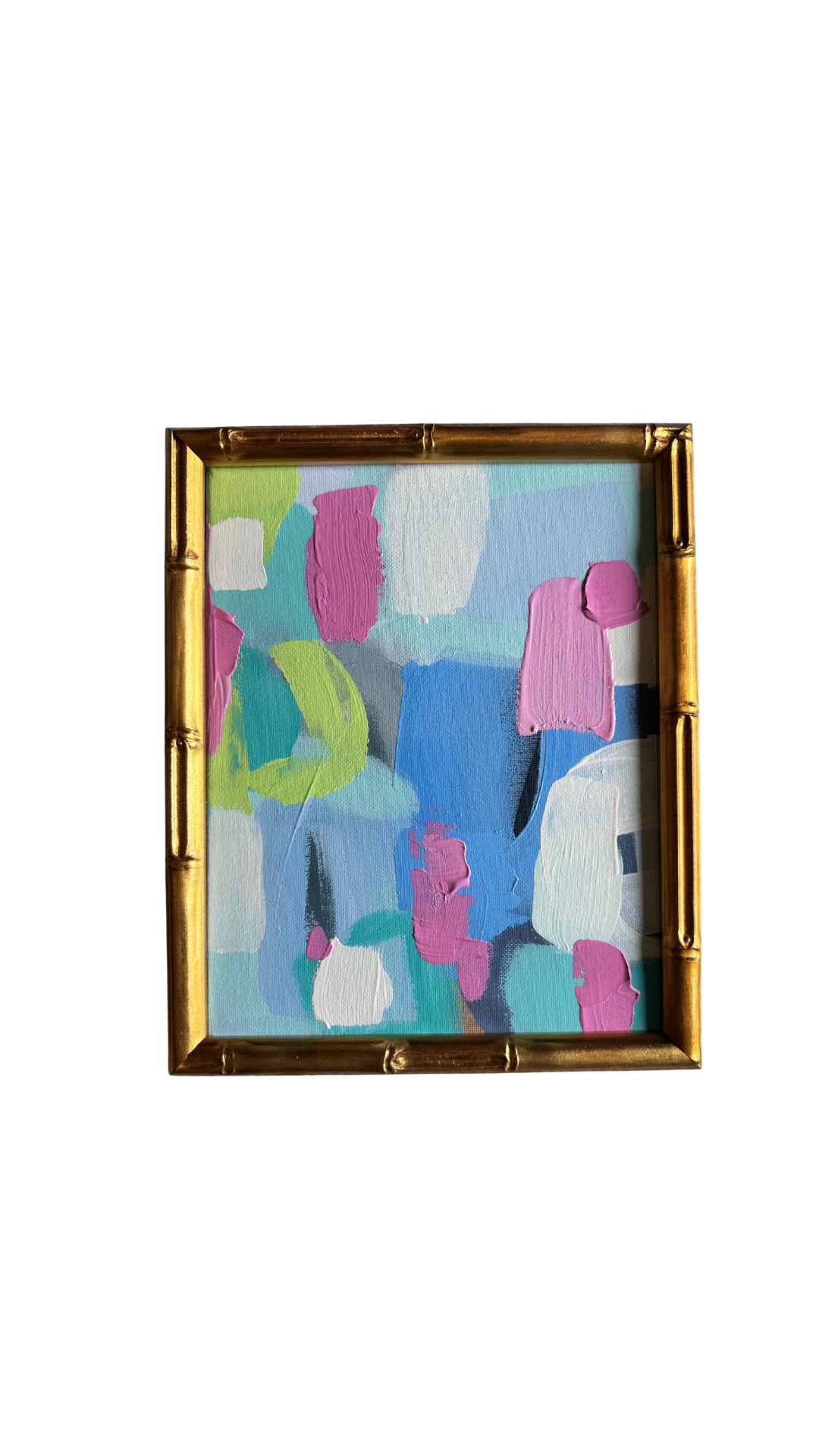 Kelsey Nichols Art framed acrylic painting—abstract with bold pink, blue, green & white brushstrokes.