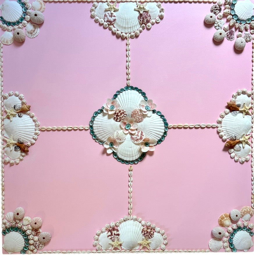 Kelsey Nichols Art: Shells arranged in symmetrical patterns on pink, bordered and divided by small shell lines.
