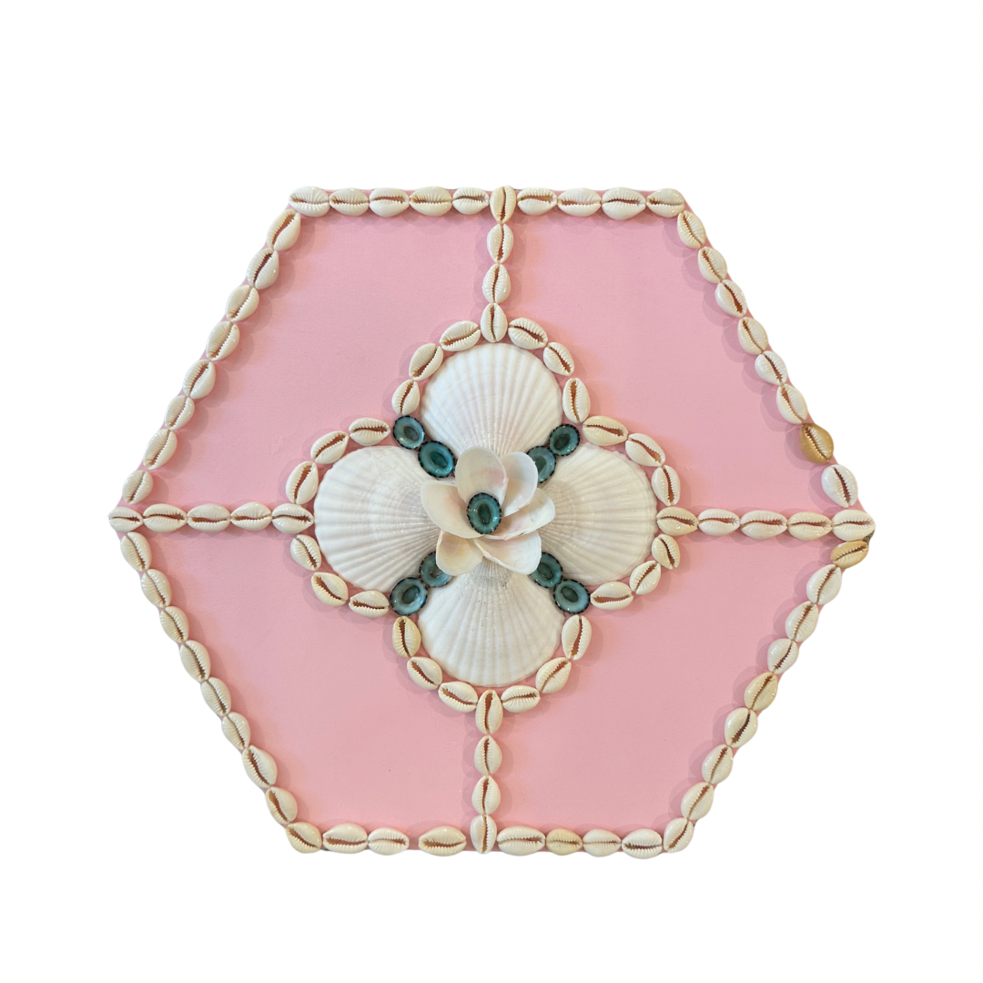 Kelsey Nichols Art pink hexagon wood tray, featuring shell art in a symmetrical floral pattern.