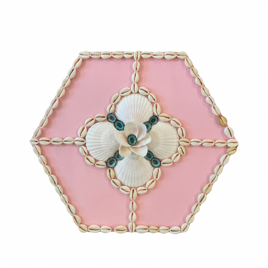 Kelsey Nichols Art pink hexagon wood tray, featuring shell art in a symmetrical floral pattern.