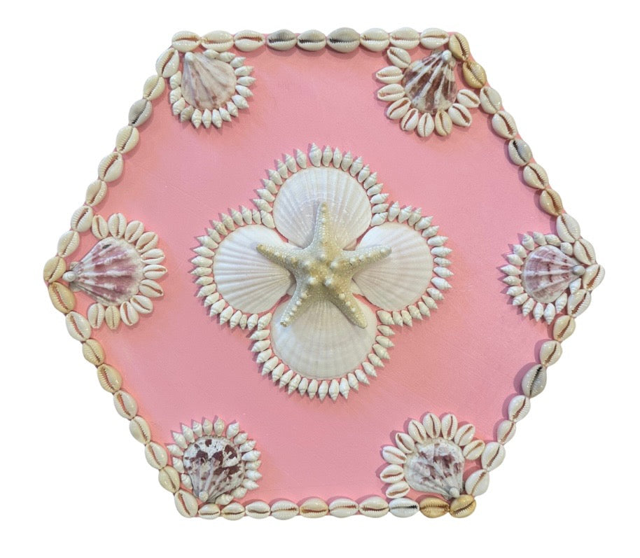 Kelsey Nichols Art hexagonal pink wood tray with shell art, starfish center, and Sailors Valentine design.