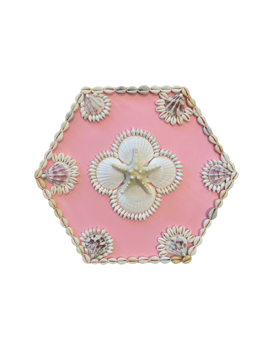 Hexagonal pink Sailors Valentine box by Kelsey Nichols Art with seashells, starfish centerpiece, and shell art patterns.