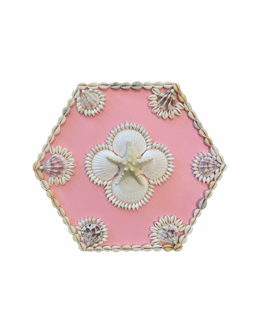 Hexagonal pink Sailors Valentine box by Kelsey Nichols Art with seashells, starfish centerpiece, and shell art patterns.