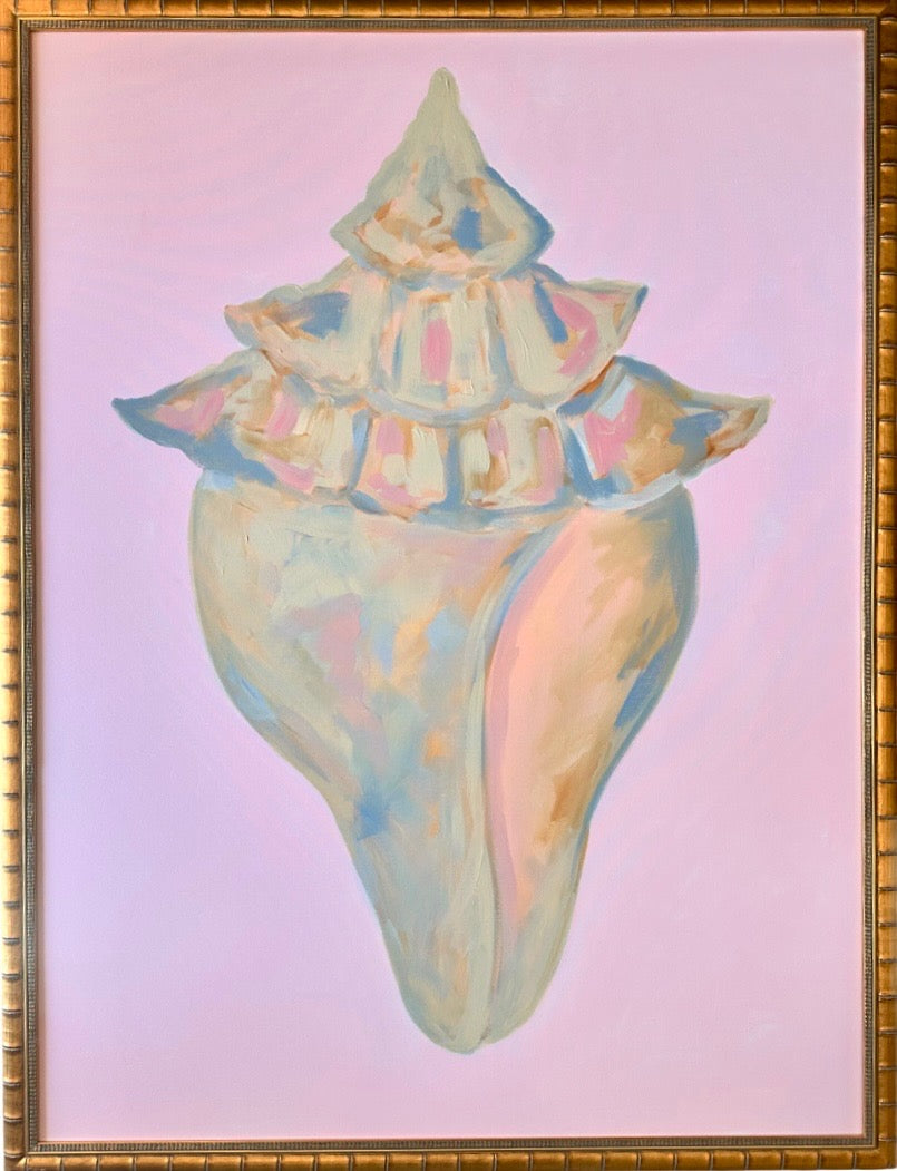 Pastel conch shell acrylic on canvas, pale pink, gold bamboo frame by Kelsey Nichols Art.