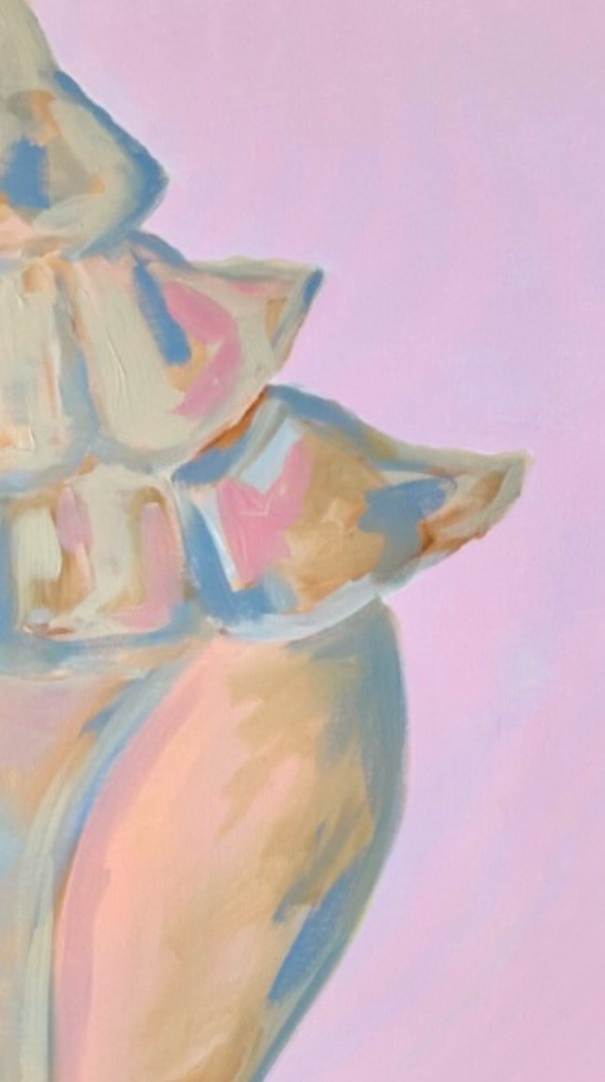 Kelsey Nichols Art pastel acrylic canvas of ruffled fabric or petals in soft pink, beige, and blue on light pink.