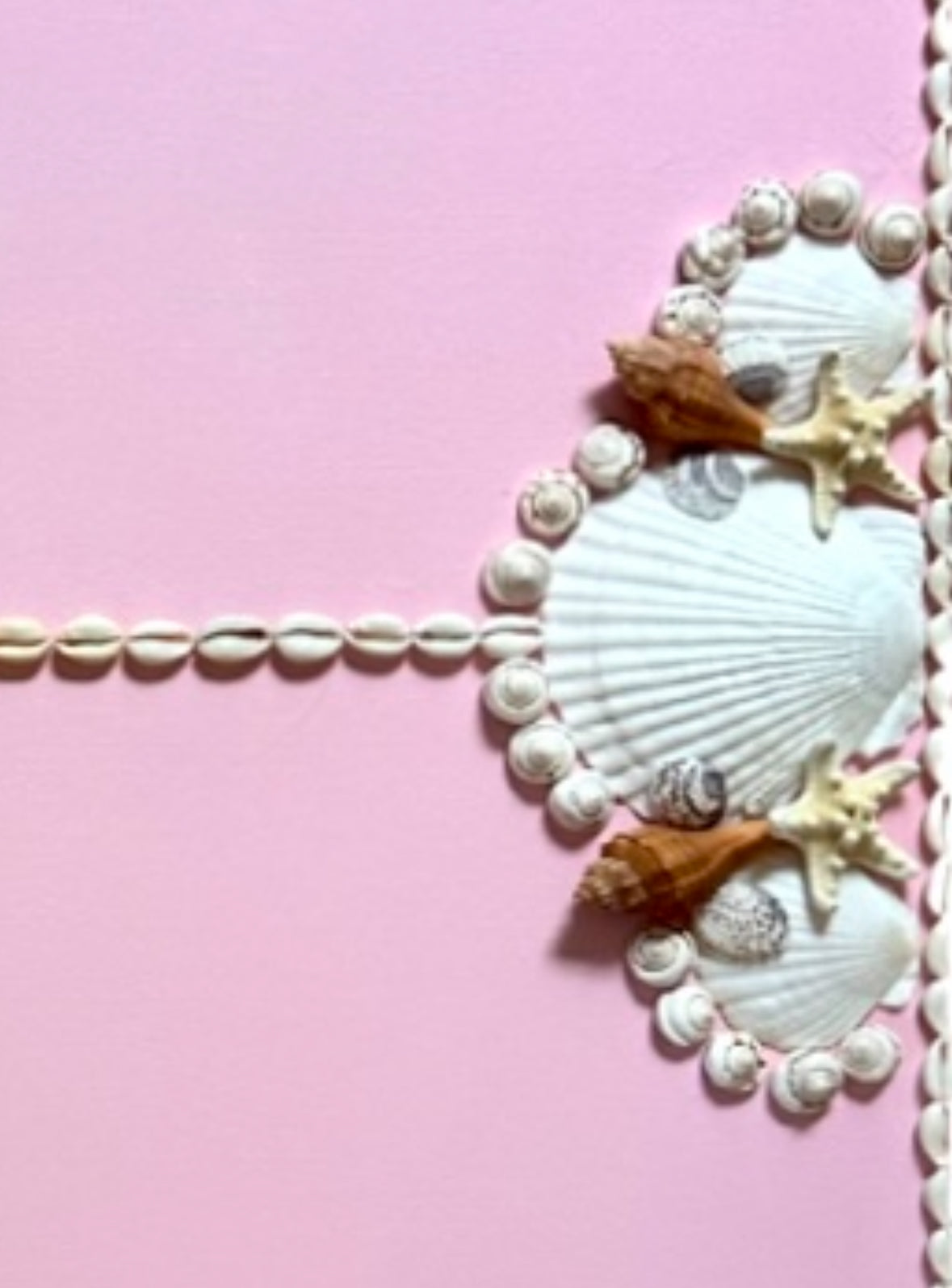 Kelsey Nichols Art shell decor: seashells in a pattern on pink, with a line of small shells crossing.