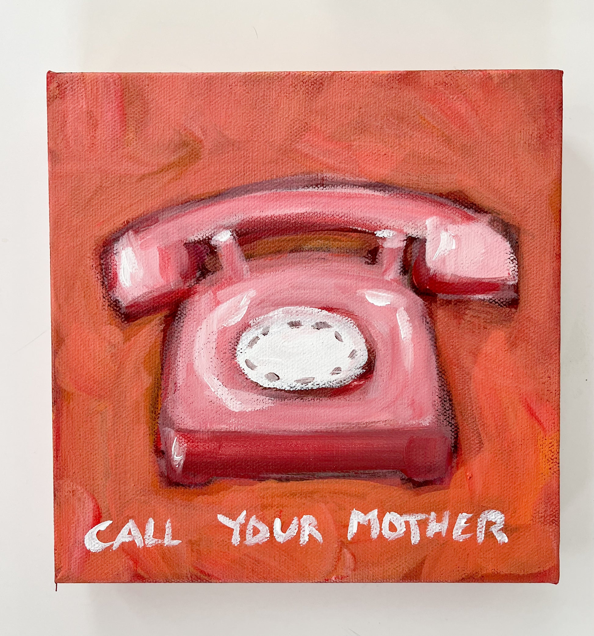 Hand-painted vintage rotary phone on red by Christy Holmes—bold CALL YOUR MOTHER art on gallery-wrapped canvas.
