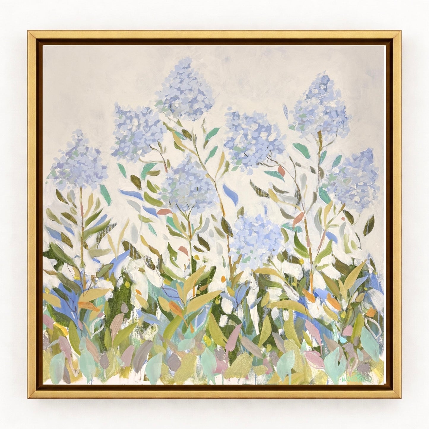 Modern floral art by Shannon Woodford featuring blue hydrangeas and green leaves on a light background, beautifully framed.
