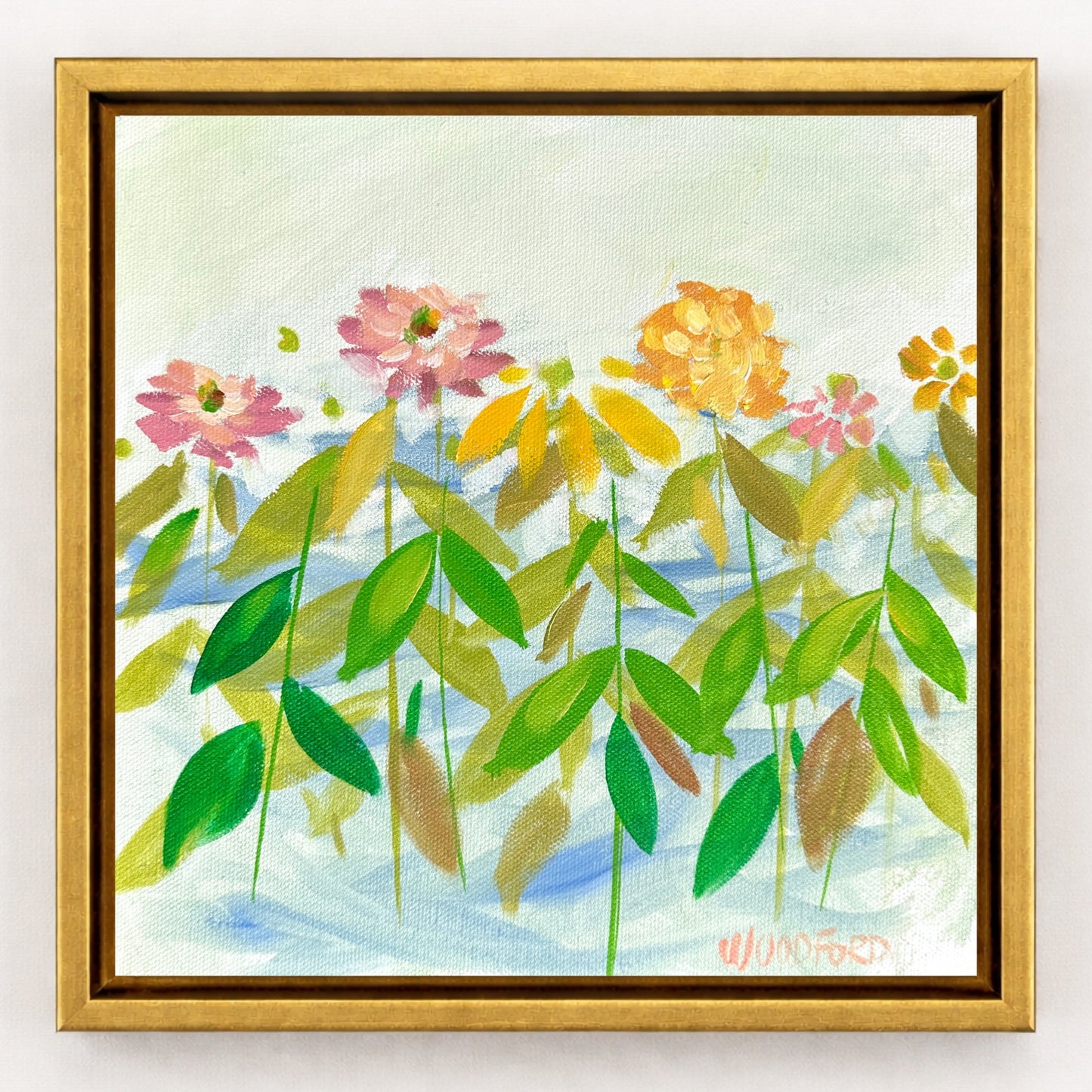 Impressionistic modern florals by Shannon Woodford: green leaves on light background, framed painting.