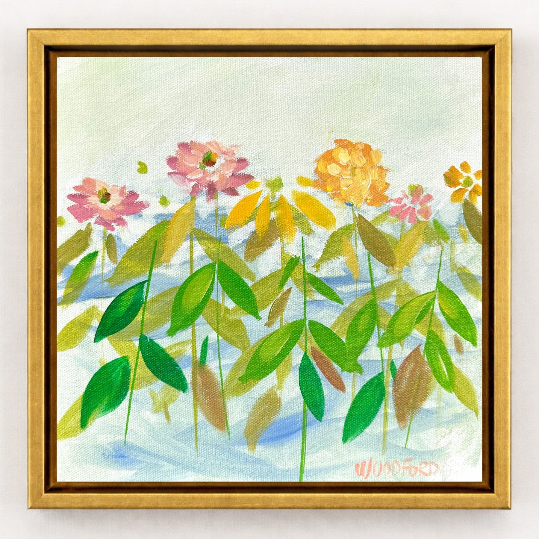 Impressionistic modern florals by Shannon Woodford: green leaves on light background, framed painting.